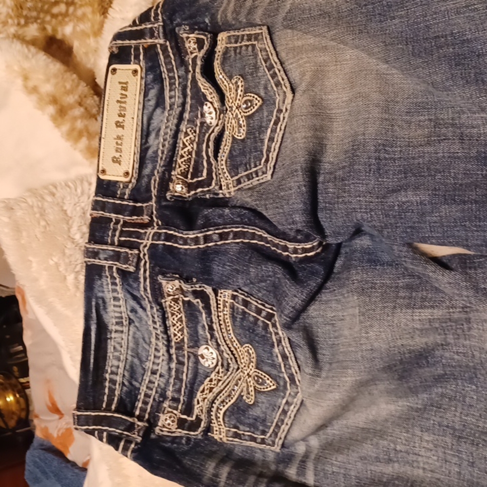 Rock Revival Joey Easy Boot Jeans Womens Sz 26 Rhinestone Studded Stretch Blue